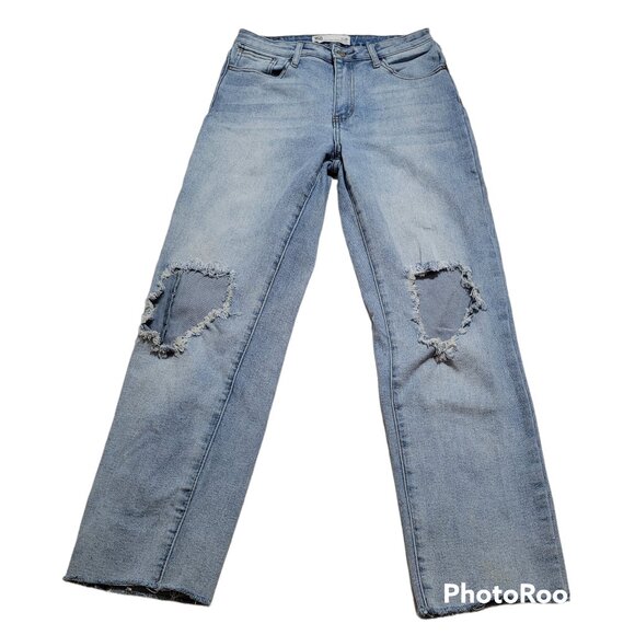 RSQ High Rise Jeans Straight Leg Distressed Destroyed Knees Raw Hem Mom Jeans 28 - Picture 1 of 12